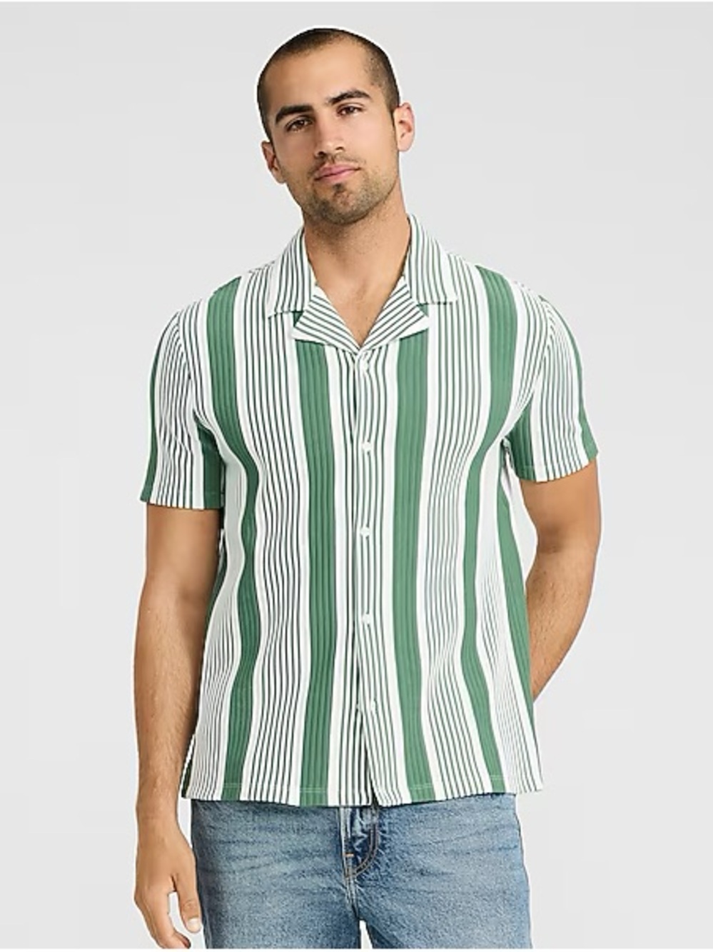 Express Men's Green and White Vertical Stripe Short-Sleeve Button-Down Shirt